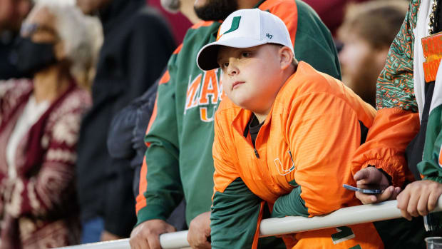 Miami fans watch as the Hurricanes lose to Florida State 31-28 at Doak Campbell Stadium Saturday, Nov. 13, 2021.