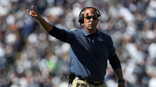 Sep 24, 2022; University Park, Pennsylvania, USA; Penn State Nittany Lions head coach James Franklin gestures from the sidelines during the fourth quarter against the Central Michigan Chippewas at Beaver Stadium. Penn State defeated Central Michigan 33-14.