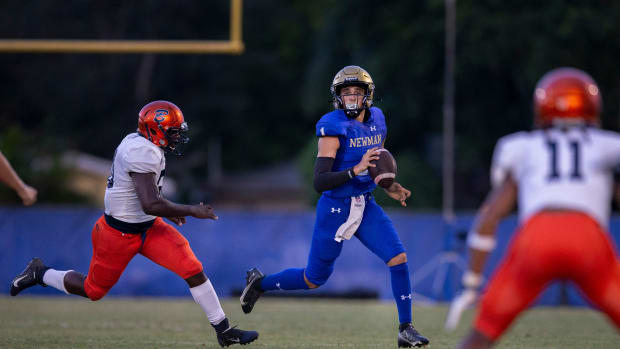 Cardinal Newman quarterback Davi Belfort looks for a receiver against Benjamin in West Palm Beach, Florida on September 10, 2021.