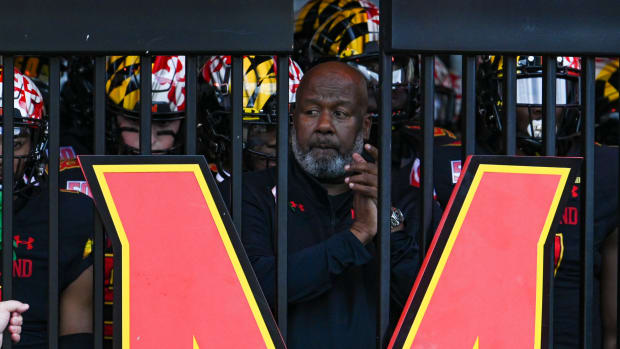 Oct 8, 2022; College Park, Maryland, USA; Maryland Terrapins head coach Mike Locksley stands with his team before taking the field against the Purdue Boilermakers at SECU Stadium.
