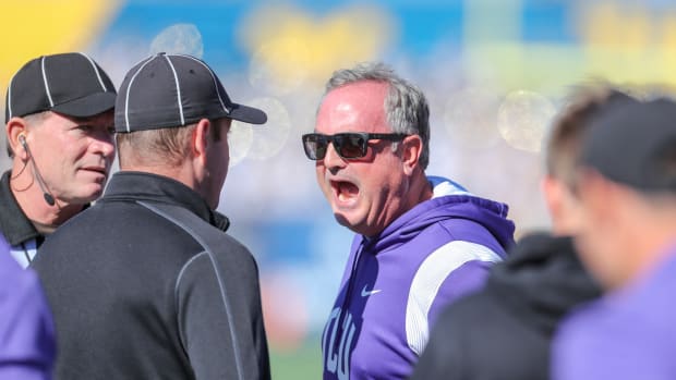 Oct 29, 2022; Morgantown, West Virginia, USA; TCU Horned Frogs head coach Sonny Dykes yells at an official during the first quarter against the West Virginia Mountaineers at Mountaineer Field at Milan Puskar Stadium.