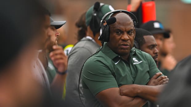 Oct 1, 2022; College Park, Maryland, USA; Michigan State Spartans head coach Mel Tucker looks down the field during the first half against the Maryland Terrapins at Capital One Field at Maryland Stadium.
