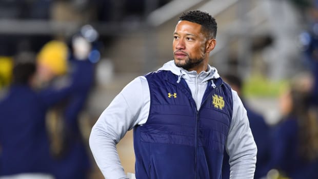 Oct 15, 2022; South Bend, Indiana, USA; Notre Dame Fighting Irish head coach Marcus Freeman pauses after the game against the Stanford Cardinal at Notre Dame Stadium.