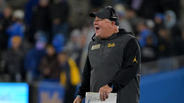 Nov 12, 2022; Pasadena, California, USA; UCLA Bruins head coach Chip Kelly calls a play in the second half against the Arizona Wildcats at the Rose Bowl.