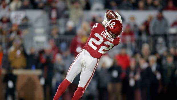Oklahoma's C.J. Coldon (22) intercepts a pass during a Bedlam college football game between the University of Oklahoma Sooners (OU) and the Oklahoma State University Cowboys (OSU) at Gaylord Family-Oklahoma Memorial Stadium in Norman, Okla.,