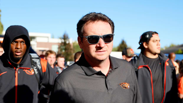 Sep 3, 2022; Corvallis, Oregon, USA; Oregon State Beavers head coach Jonathan Smith arrives before the game against the Boise State Broncos at Reser Stadium.