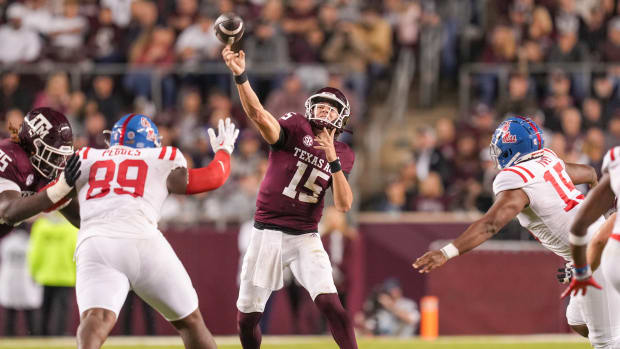 Oct 29, 2022; College Station, Texas, USA; Texas A&M Aggies quarterback Conner Weigman (15) throws a pass against the Mississippi Rebels in the second half at Kyle Field.