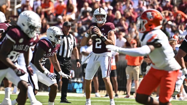 Sep 24, 2022; Starkville, Mississippi, USA; Mississippi State Bulldogs quarterback Will Rogers (2) looks to pass against the Bowling Green Falcons during the first quarter at Davis Wade Stadium at Scott Field.