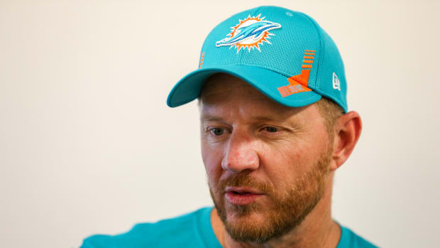 May 13, 2022; Miami Gardens, FL, USA; Miami Dolphins quarterbacks coach Darrell Bevell talks to reporters during rookie minicamp at Baptist Health Training Complex.