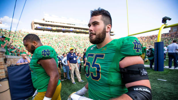 Notre Dame offensive lineman Jarrett Patterson (55) walks off the field after the Notre Dame vs. California NCAA football game Saturday, Sept. 17, 2022 at Notre Dame Stadium in South Bend.