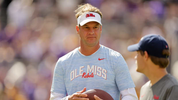 Oct 22, 2022; Baton Rouge, Louisiana, USA; Mississippi Rebels head coach Lane Kiffin looks on during the pregame against the LSU Tigers at Tiger Stadium.