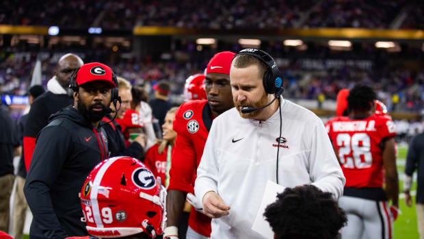 Jan 9, 2023; Inglewood, CA, USA; Georgia Bulldogs co-defensive coordinator and linebackers coach Glenn Schumann against the TCU Horned Frogs during the CFP national championship game at SoFi Stadium.