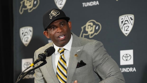 Dec 4, 2022; Boulder, CO, USA; Colorado Buffaloes head coach Deion Sanders speaks during a press conference at the Arrow Touchdown Club.