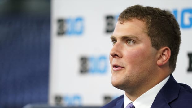 Jul 26, 2022; Indianapolis, IN, USA; Northwestern Wildcats left tackle Peter Skoronski talks to the media during Big 10 football media days at Lucas Oil Stadium.