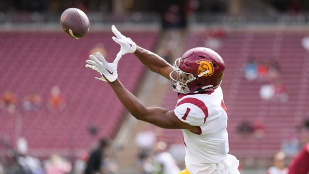 Sep 10, 2022; Stanford, California, USA; USC Trojans wide receiver Gary Bryant Jr. (1) catches the ball during warm ups before the start of the first quarter against the Stanford Cardinal at Stanford Stadium.