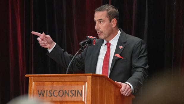 New Wisconsin head football coach Luke Fickell speaks at a welcome event Monday, November 28, 2022, at Camp Randall Stadium in Madison, Wis. He was previously head coach for six seasons at Cincinnati.