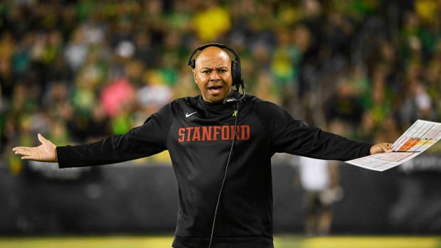 Oct 1, 2022; Eugene, Oregon, USA; Stanford Cardinal head coach David Shaw reacts after a play during the second half against the Oregon Ducks at Autzen Stadium. The Ducks won the game 45-27.