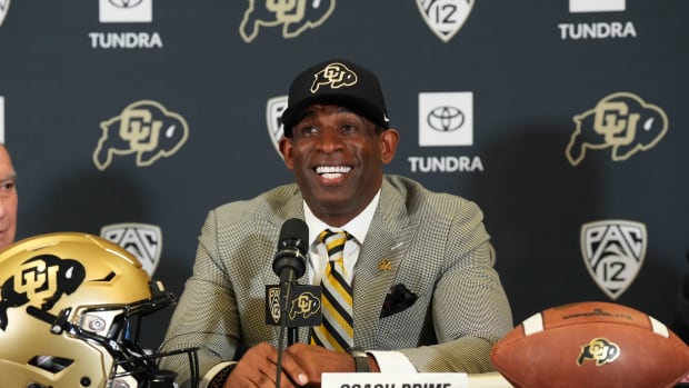 Dec 4, 2022; Boulder, CO, USA; Colorado Buffaloes head coach Deion Sanders speaks during a press conference at the Arrow Touchdown Club.