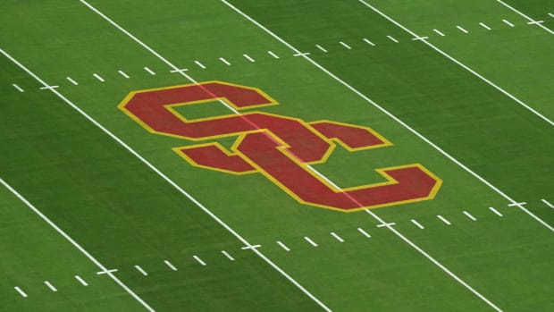 Sep 17, 2022; Los Angeles, California, USA; The SC Trojans logo at midfield at United Airlines Field at Los Angeles Memorial Coliseum before a game between the Fresno State Bulldogs and the Southern California Trojans.