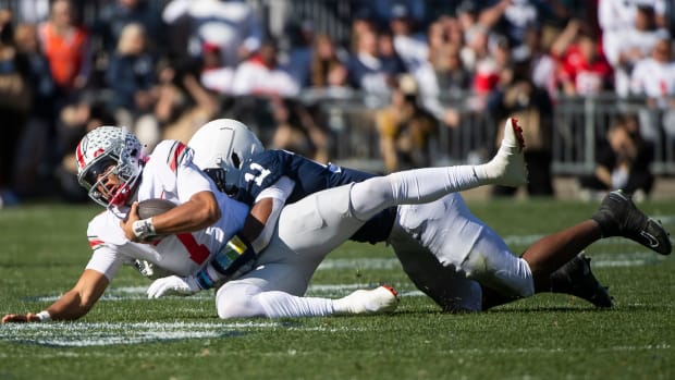 Penn State linebacker Abdul Carter (11) sacks Ohio State quarterback C.J. Stroud for an 8-yard loss in the second quarter against Ohio State at Beaver Stadium on Saturday, Oct. 29, 2022, in State College. The Nittany Lions fell to the Buckeyes, 44-31.