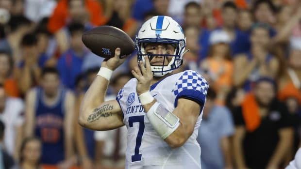 Sep 10, 2022; Gainesville, Florida, USA; Kentucky Wildcats quarterback Will Levis (7) throws the ball against the Florida Gators during the first half at Ben Hill Griffin Stadium.