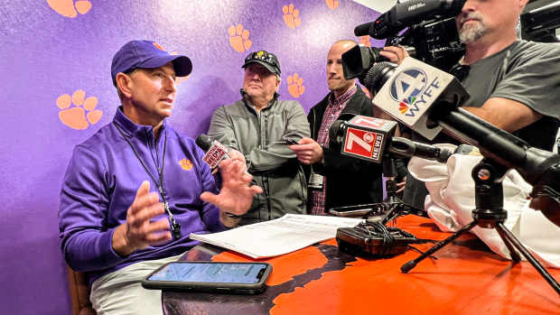 Apr 6, 2024; Clemson, South Carolina, USA; Clemson during the fourth quarter head coach Dabo Swinney talks with media after the Clemson spring football game at Memorial Stadium.