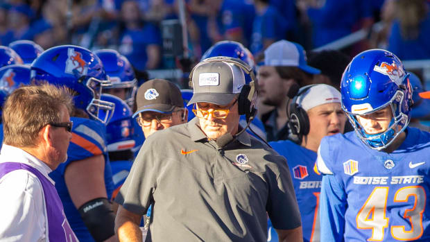 Sep 30, 2022; Boise, Idaho, USA; Former Boise State Broncos head coach and now new offensive coordinator Dirk Koetter on the sidelines during first half action at Albertsons Stadium against the San Diego State Aztecs. Boise State defeats San Diego State 35-13.