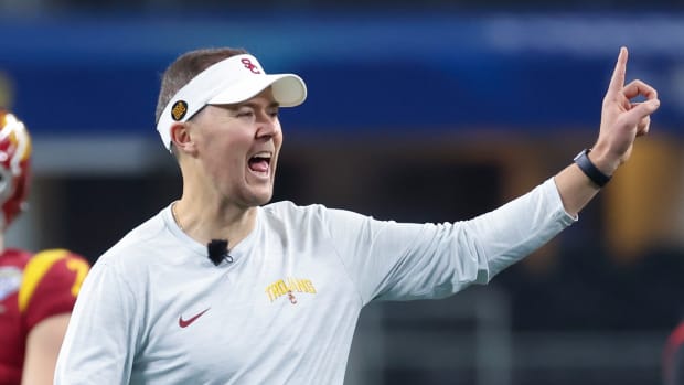 Jan 2, 2023; Arlington, Texas, USA; USC Trojans head coach Lincoln Riley reacts before the game against the Tulane Green Wave in the 2023 Cotton Bowl at AT&T Stadium.