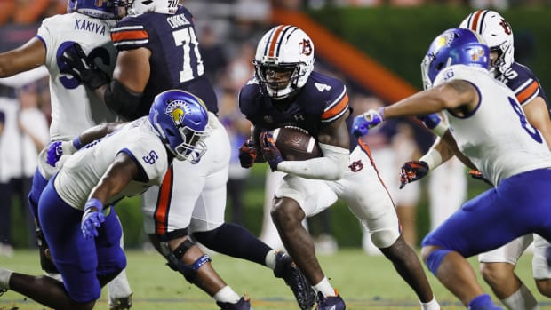 Sep 10, 2022; Auburn, Alabama, USA; Auburn Tigers running back Tank Bigsby (4) carries against the San Jose State Spartans during the fourth quarter at Jordan-Hare Stadium.