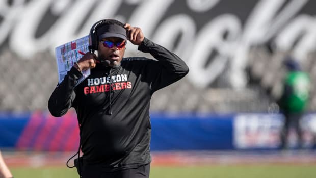 May 8, 2022; Birmingham, AL, USA; Houston Gamblers head coach Kevin Sumlin paces the sidelines during the second half against the New Orleans Breakers at Protective Stadium.