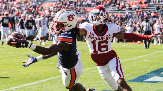 Auburn Tigers wide receiver Camden Brown (17) catches the ball in the end zone for at touchdown as the Auburn Tigers take on Arkansas Razorbacks at Jordan-Hare Stadium in Auburn, Ala., on Saturday, Oct. 29, 2022.