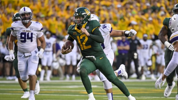 Sep 3, 2022; Waco, Texas, USA; Baylor Bears quarterback Blake Shapen (12) in action during the game between the Baylor Bears and the Albany Great Danes at McLane Stadium. Mandatory Credit: Jerome Miron-USA TODAY Sports