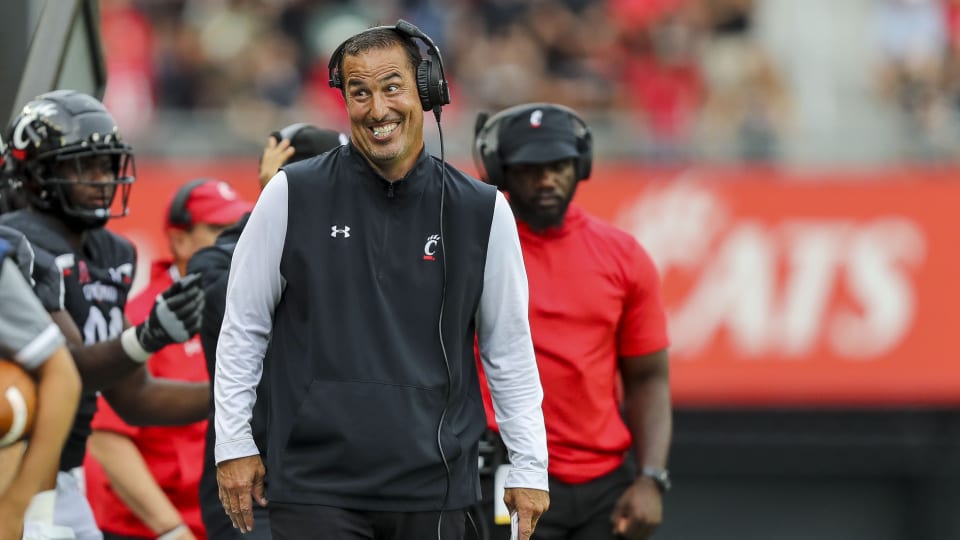 Sep 10, 2022; Cincinnati, Ohio, USA; Cincinnati Bearcats head coach Luke Fickell reacts after a touchdown scored against the Kennesaw State Owls in the second half at Nippert Stadium.