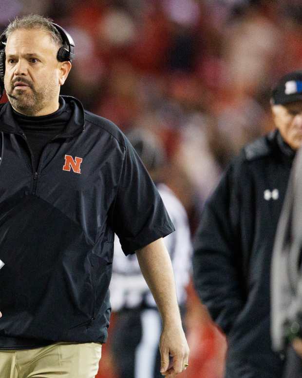 Nov 18, 2023; Madison, Wisconsin, USA; Nebraska Cornhuskers head coach Matt Rhule walks the sidelines during the fourth quarter against the Wisconsin Badgers at Camp Randall Stadium.