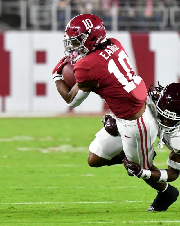 Oct 22, 2022; Tuscaloosa, Alabama, USA; Mississippi State Bulldogs defensive back Decamerion Richardson (3) brings down Alabama Crimson Tide wide receiver JoJo Earle (10) during the first half at Bryant-Denny Stadium.