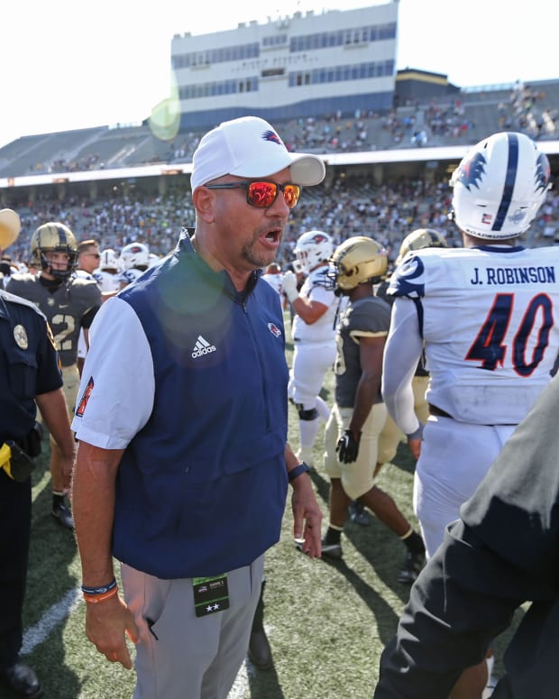 Sep 10, 2022; West Point, New York, USA; UTSA Roadrunners head coach Jeff Traylor celebrates a win against the Army Black Knights at Michie Stadium.