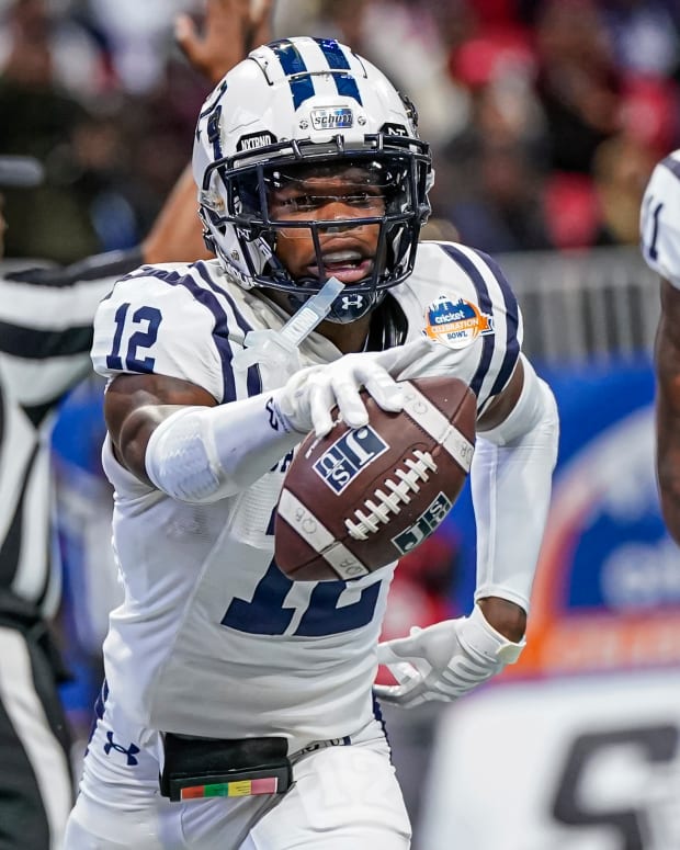Dec 17, 2022; Atlanta, GA, USA; Jackson State Tigers wide receiver Travis Hunter (12) reacts after catching a touchdown against the North Carolina Central Eagles during the second half during the Celebration Bowl at Mercedes-Benz Stadium.