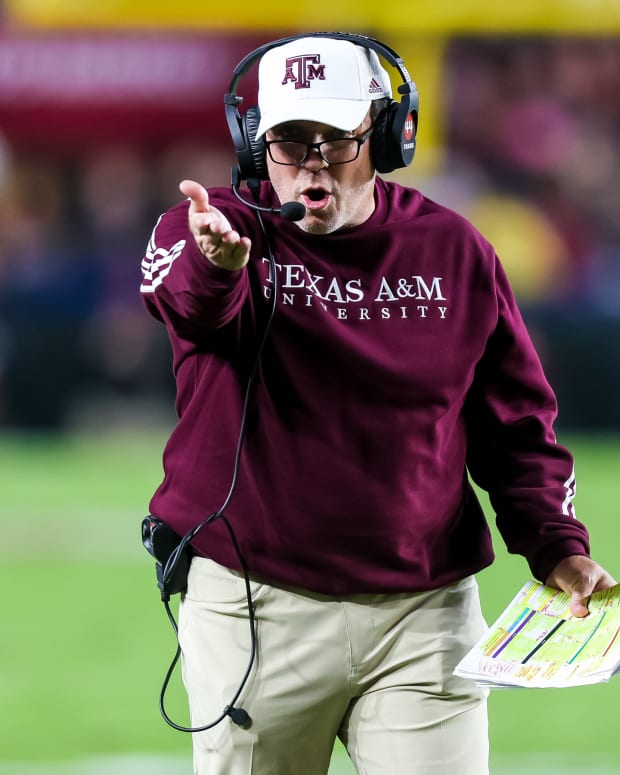 Oct 22, 2022; Columbia, South Carolina, USA; Texas A&M Aggies head coach Jimbo Fisher directs his team against the South Carolina Gamecocks in the second quarter at Williams-Brice Stadium.