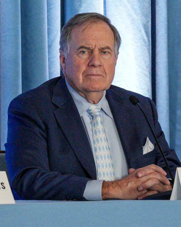 Dec 12, 2024; Chapel Hill, NC, USA; North Carolina Tar Heels new head coach Bill Belichick speaks to the media at Loudermilk Center for Excellence.