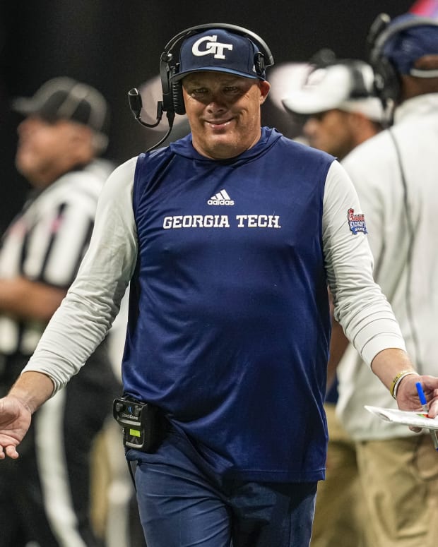 Sep 5, 2022; Atlanta, Georgia, USA; Georgia Tech Yellow Jackets head coach Geoff Collins reacts after a call during the game against the Clemson Tigers during the second half at Mercedes-Benz Stadium.