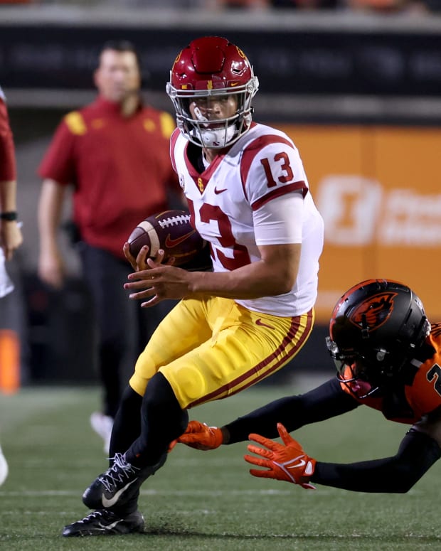 Sep 24, 2022; Corvallis, Oregon, USA; USC Trojans quarterback Caleb Williams (13) runs against Oregon State Beavers defensive back Rejzohn Wright (2) at Reser Stadium.