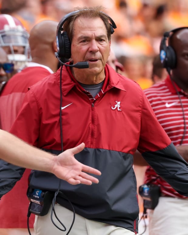 Oct 15, 2022; Knoxville, Tennessee, USA; Alabama Crimson Tide head coach Nick Saban reacts during the first half against the Tennessee Volunteers at Neyland Stadium.
