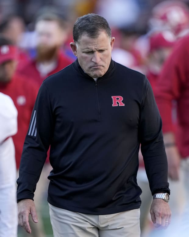 Nov 26, 2022; College Park, Maryland, USA; Rutgers Scarlet Knights head coach Greg Schiano walks off the field at the end of a 37-0 loss to the Maryland Terrapins at SECU Stadium.