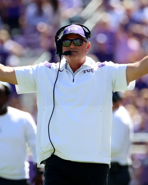 Oct 1, 2022; Fort Worth, Texas, USA; TCU Horned Frogs head coach Sonny Dykes reacts during the first half against the Oklahoma Sooners at Amon G. Carter Stadium.