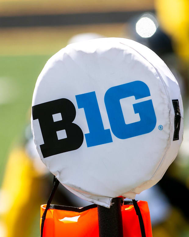 The logo of the Big Ten Conference is seen on a yard marker during Iowa Hawkeyes football Kids Day at Kinnick open practice, Saturday, Aug. 14, 2021, at Kinnick Stadium in Iowa City, Iowa.