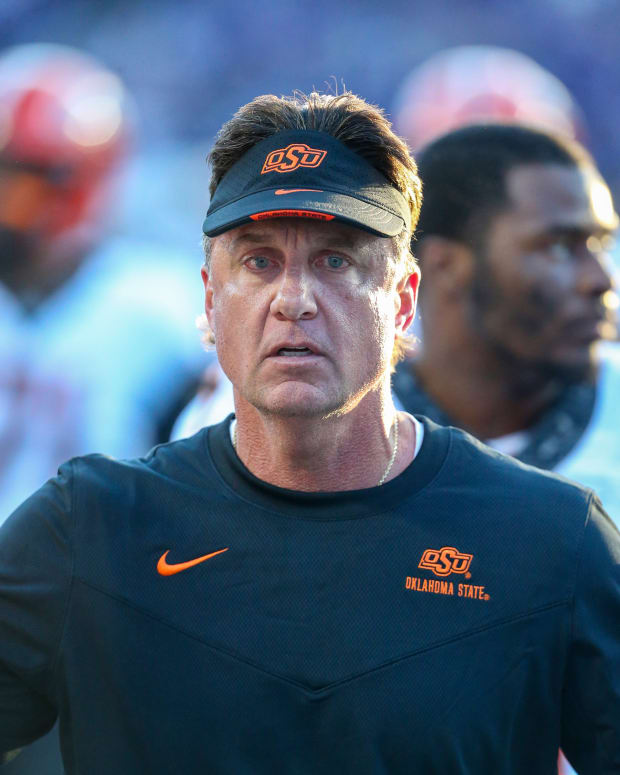 Oct 29, 2022; Manhattan, Kansas, USA; Oklahoma State Cowboys head coach Mike Gundy leaves the field following a loss to the Kansas State Wildcats at Bill Snyder Family Football Stadium.