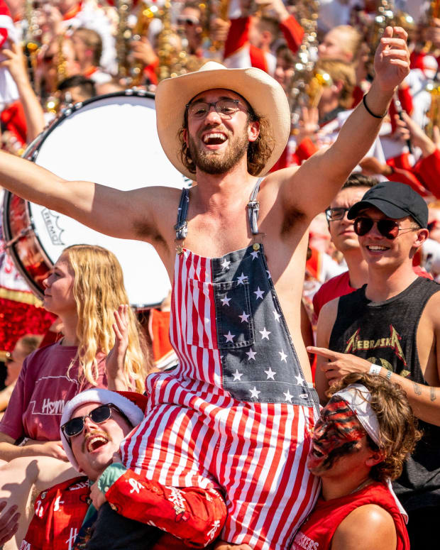 Sep 17, 2022; Lincoln, Nebraska, USA; Nebraska Cornhuskers fans cheer during a break in the third quarter against the Oklahoma Sooners at Memorial Stadium.
