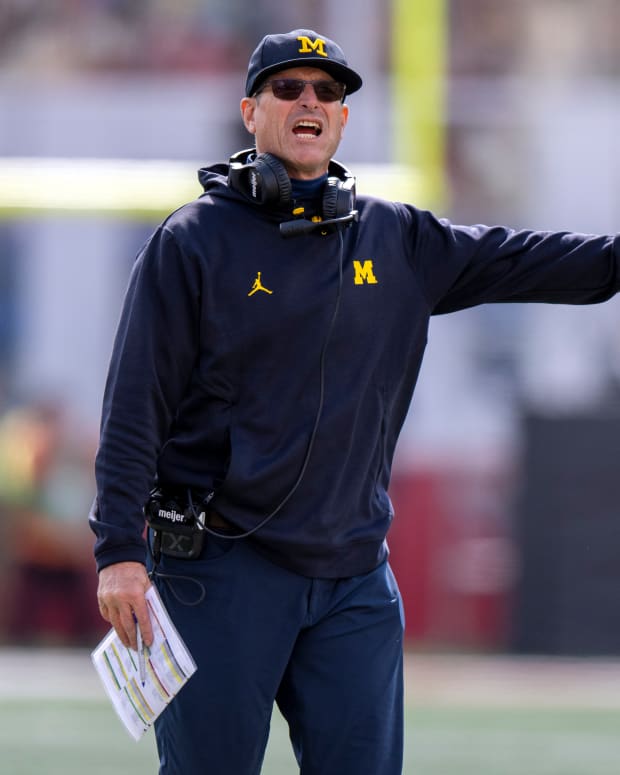 Oct 8, 2022; Bloomington, Indiana, USA; Michigan Wolverines head coach Jim Harbaugh yells during the second half against the Indiana Hoosiers at Memorial Stadium. Wolverines won 31 to 10.