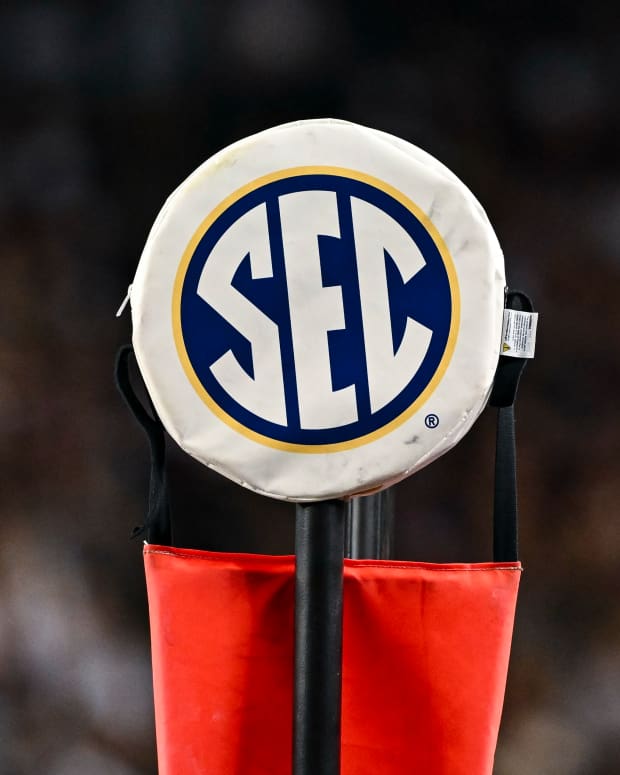 Nov 16, 2024; College Station, Texas, USA; A detail view of the SEC logo on a chain marker during the game between the Texas A&M Aggies and the New Mexico State Aggies at Kyle Field.