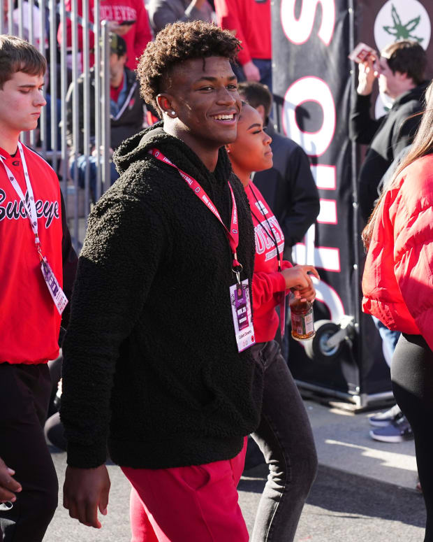 Nov 26, 2022; Columbus, Ohio, USA; 5-star safety recruit Caleb Downs visits Ohio State prior to the NCAA football game between the Buckeyes and the Michigan Wolverines at Ohio Stadium.